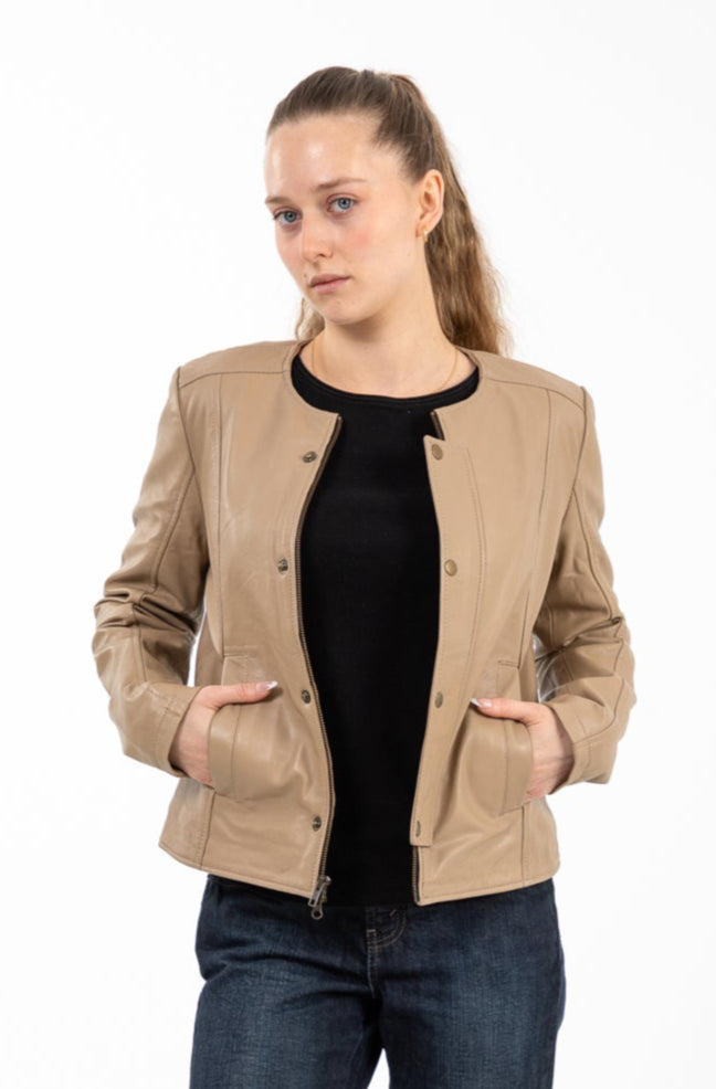 Beige Round Neck Leather Jacket